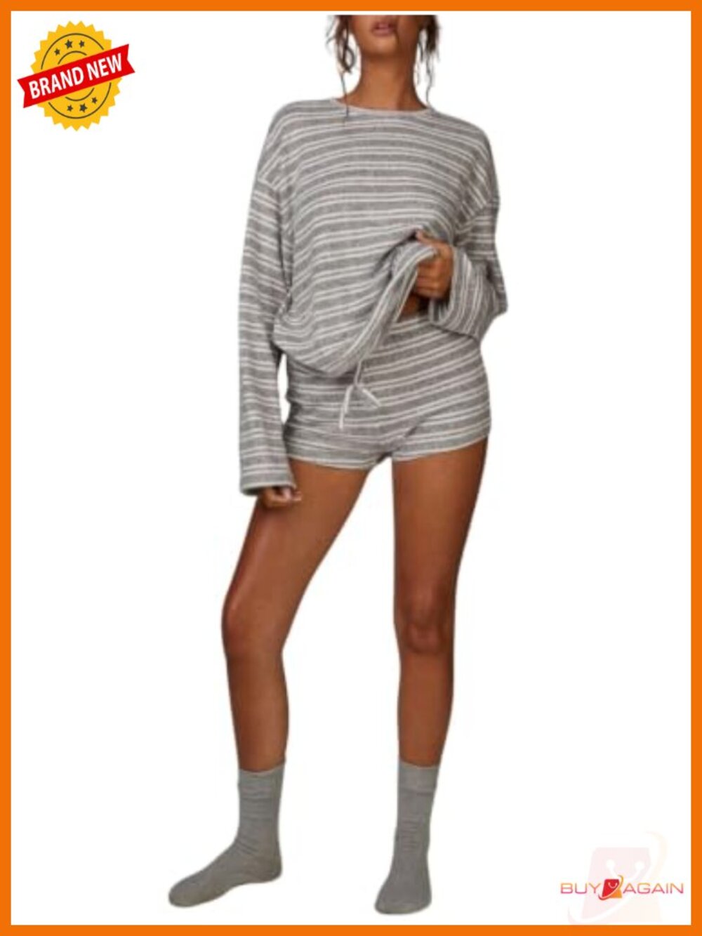 Women's Striped Long Sleeve Loungewear Set with Booty Shorts